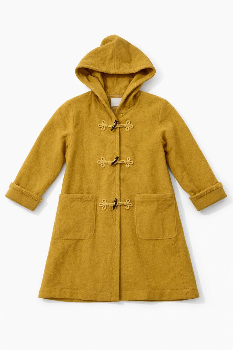 Mustard yellow ribbed hooded coat with toggle and popper closures