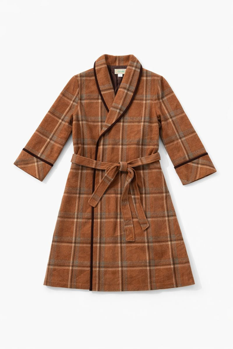 Short orange-brown plaid wrap coat with shawl collar and fabric belt