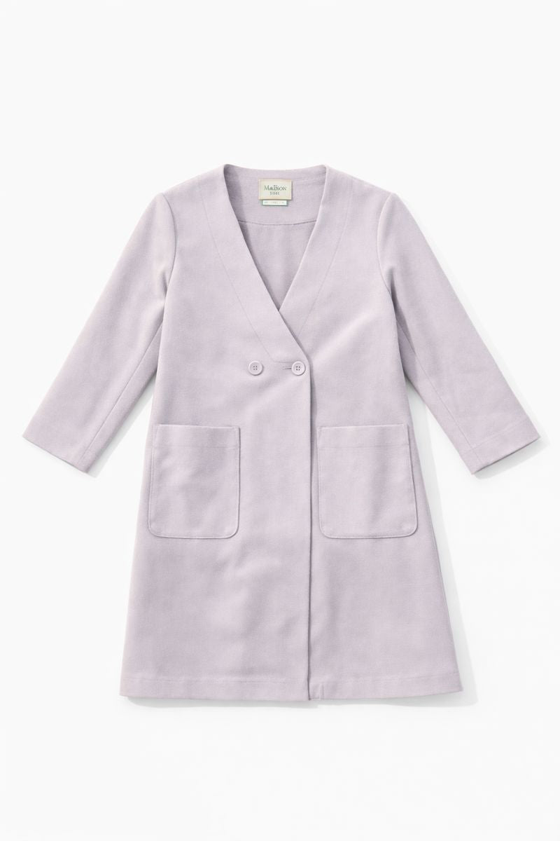 Light purple collarless knee-length coat with ribbed texture and front patch pockets