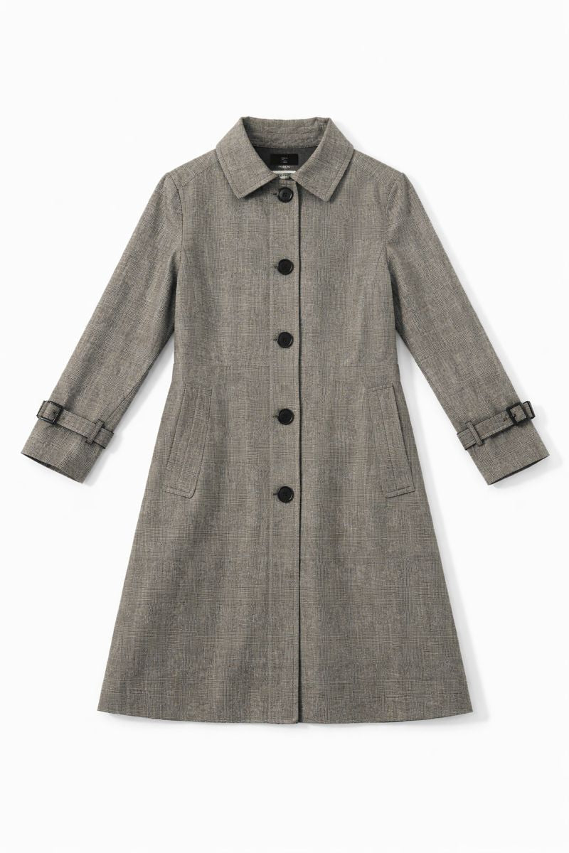 Neutral grey-beige single-breasted mid-length coat with cuff buckle straps and slit pockets