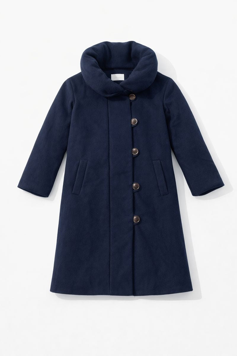 Knee-length coat with plush collar, button-front closure, and front patch pockets