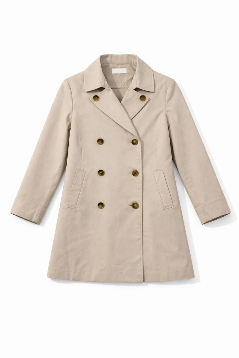 Mid-length double-breasted trench coat with front pockets and notched lapels