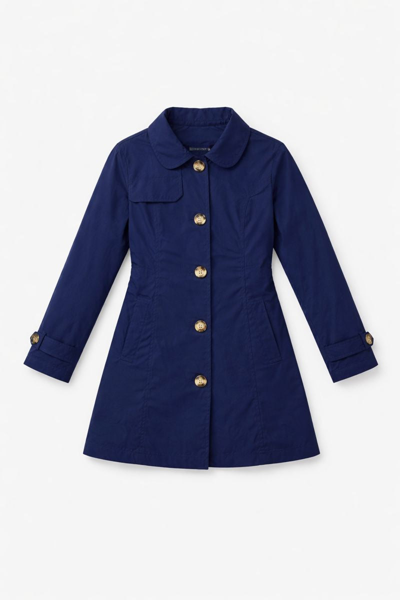 Tailored knee-length coat with collared neckline and decorative button details
