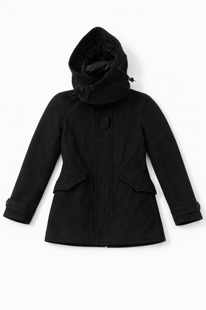 Mid-length hooded coat with front zipper, flap pockets, and long sleeves on a display screen