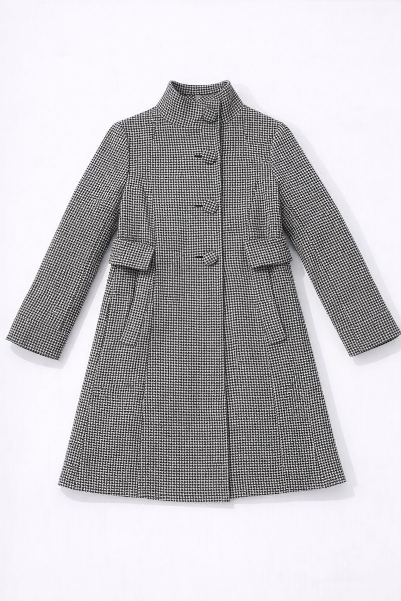 Single-breasted houndstooth coat with high collar and flap pockets