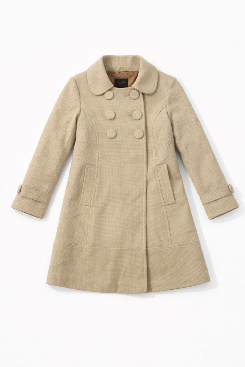 Double-breasted pea coat with structured A-line silhouette, large collar, button-front closure, and front flap pockets