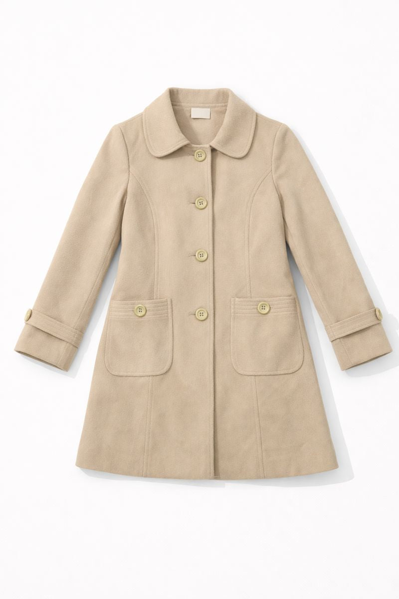 Single-breasted A-line coat with Peter Pan collar, full button-front closure, long sleeves with tabbed cuffs, and front patch pockets