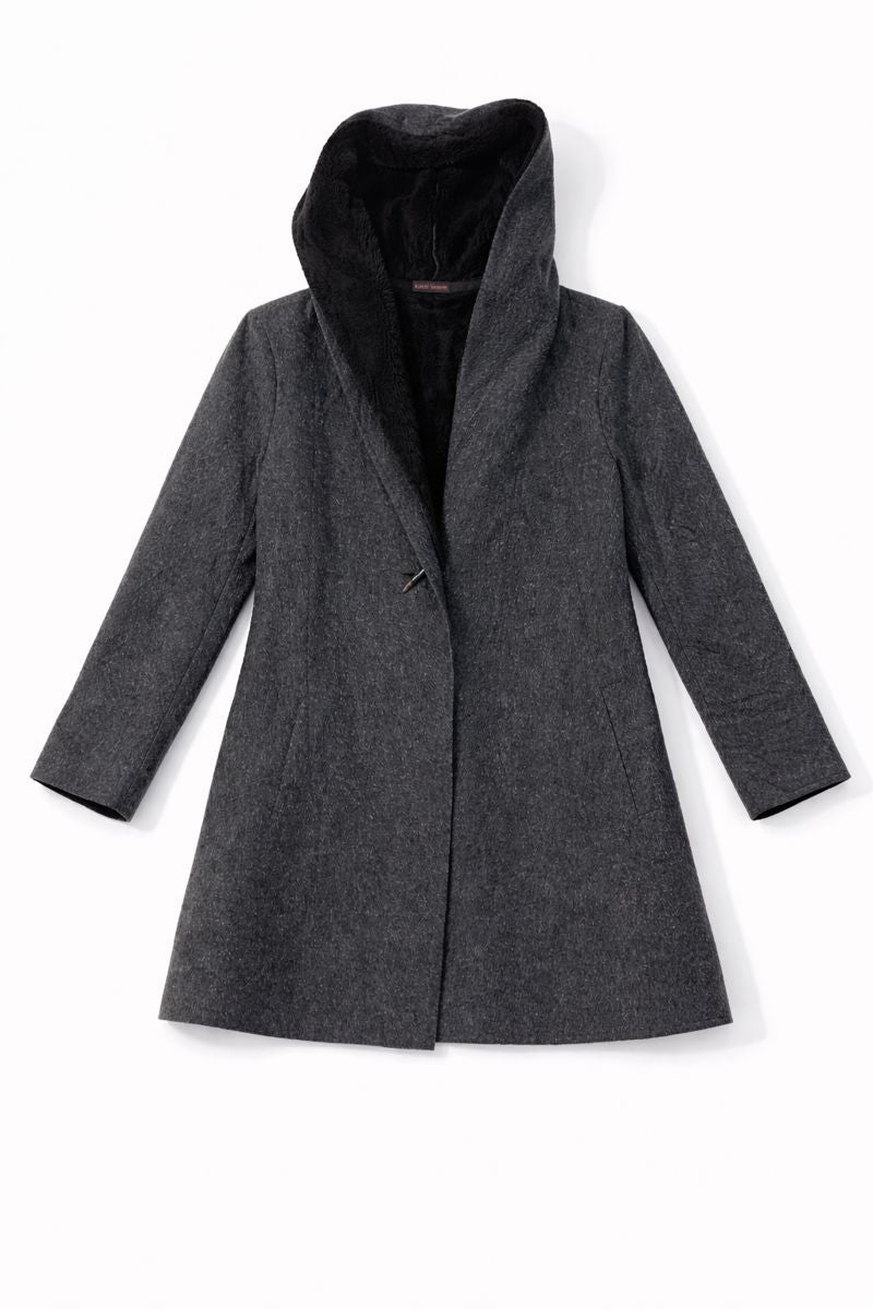 Textured hooded A-line coat with single-button closure