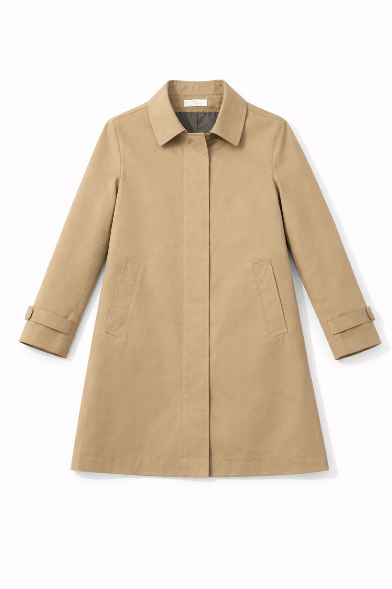 Balmacaan coat with concealed button front and A-line silhouette