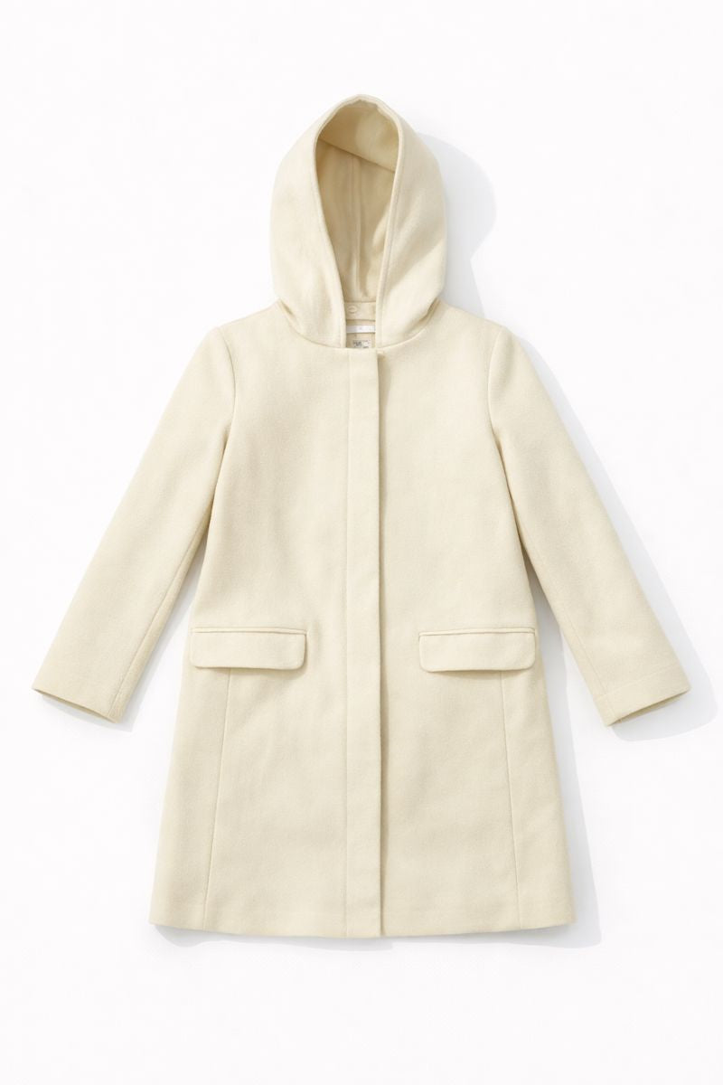 Hooded long coat with drop shoulders, button closure, and front patch pockets