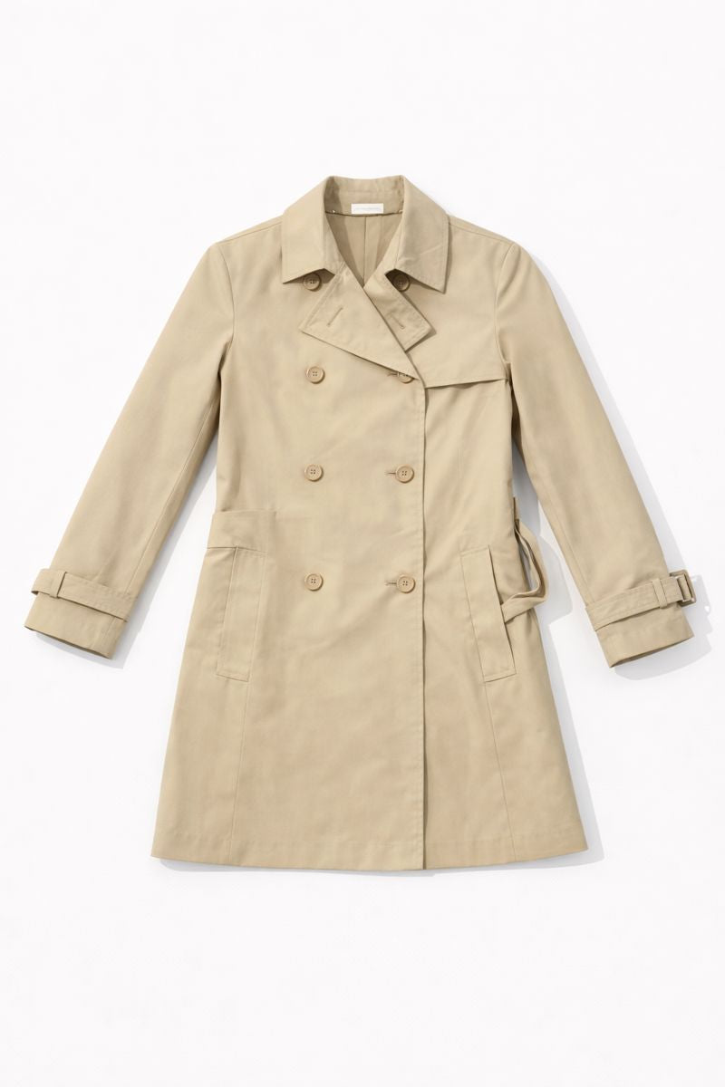 Double-breasted trench coat with notched lapels and waist belt