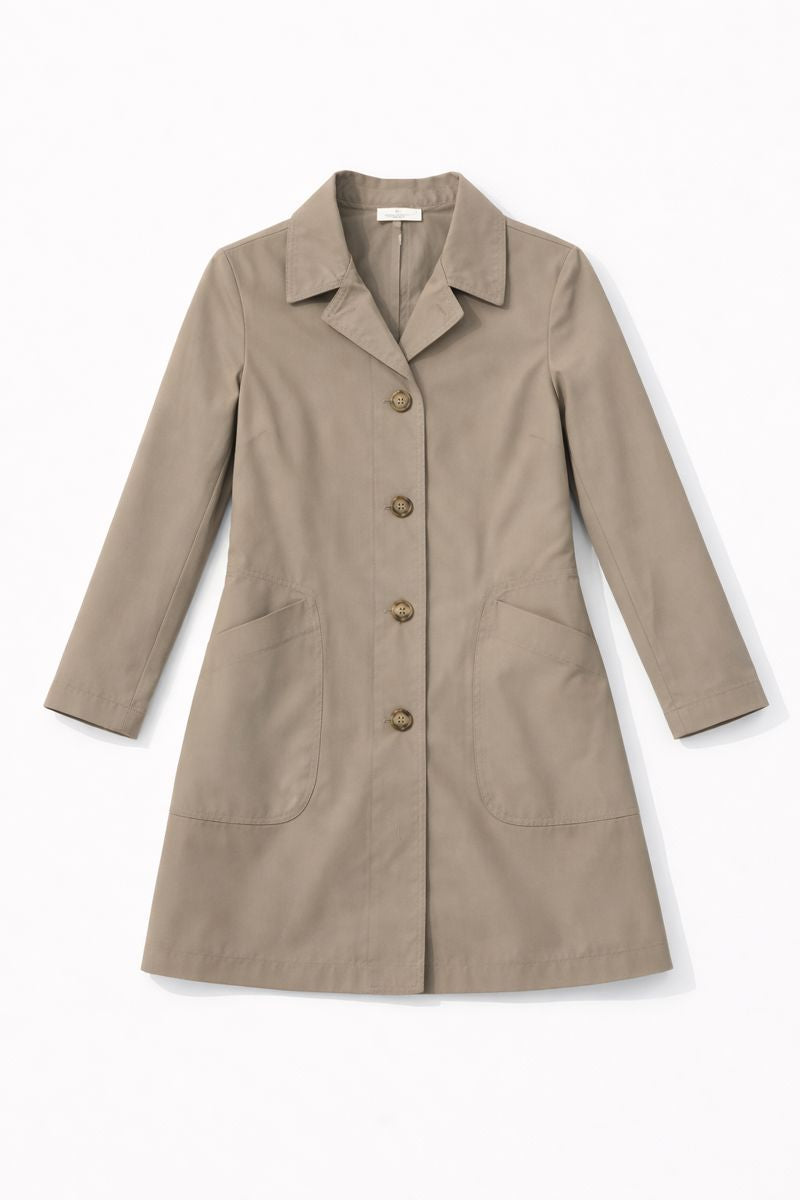 Single-breasted longline jacket with classic collar and front patch pockets