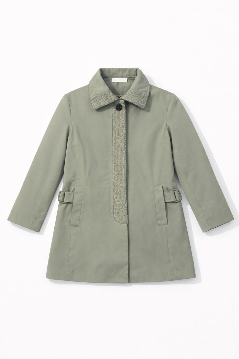 Longline button-front coat with textured placket and adjustable side tabs