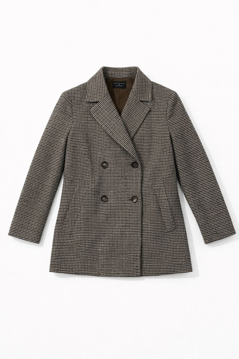 Double breasted tailored blazer coat with patterned fabric, wide lapels, and front pockets