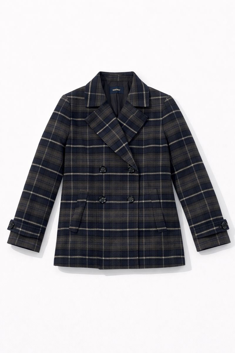 Checked double breasted blazer coat with notch lapels, button cuffs, and tailored relaxed fit