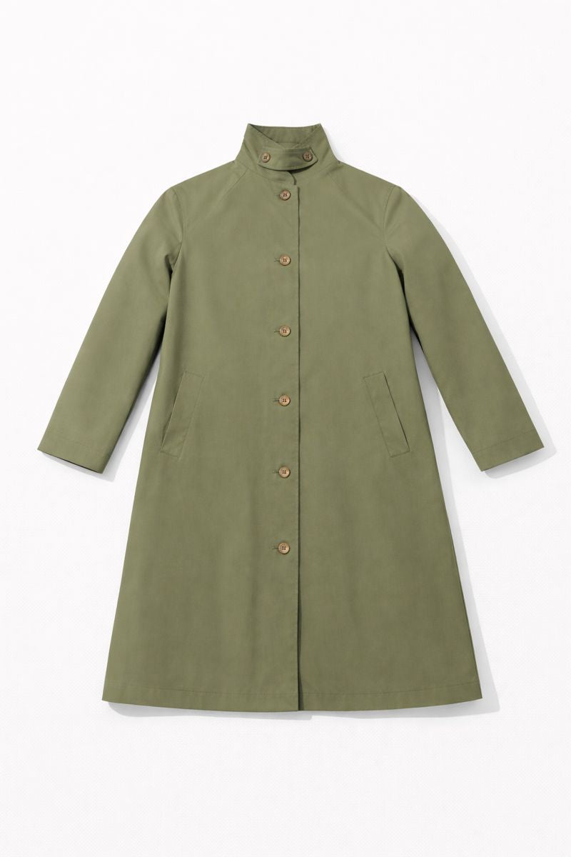Single breasted mac-style coat with stand collar, textured fabric, and straight knee-length silhouette