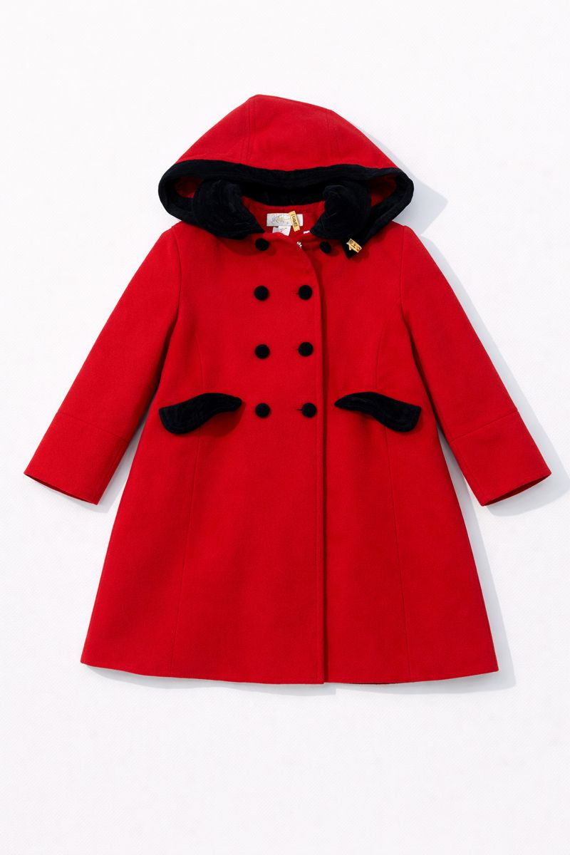 Children? hooded A-line coat with double-breasted front, velvet trim on hood, cuffs, and pockets, and decorative collar accent