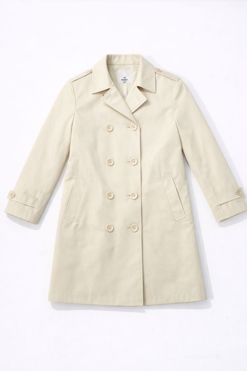 Double-breasted trench coat with notched lapels and side pockets