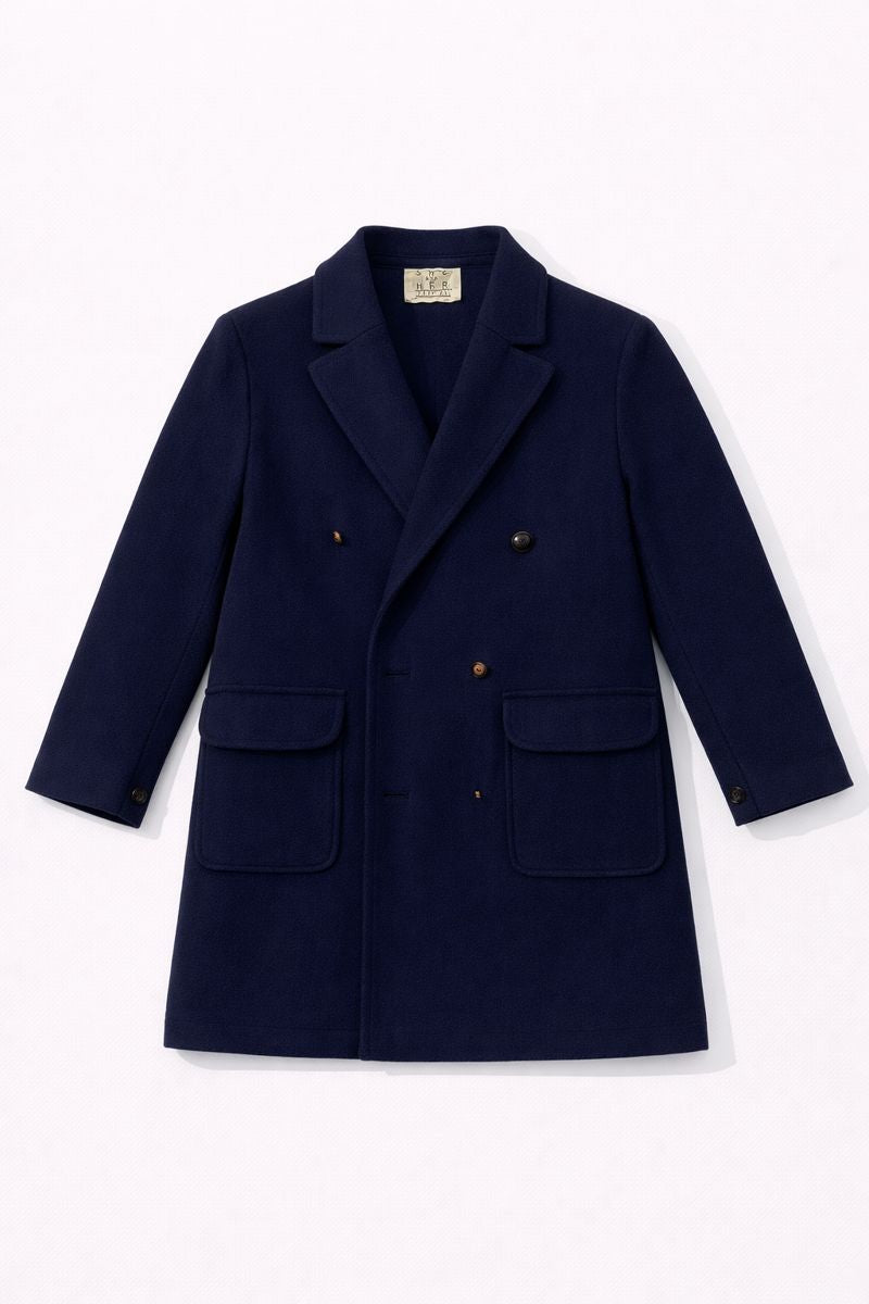 Double-breasted wool twill coat with notch lapels, patch pockets, and four-button closure