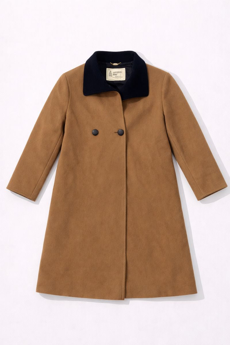Knee-length double-breasted coat with contrasting soft collar and straight-cut silhouette