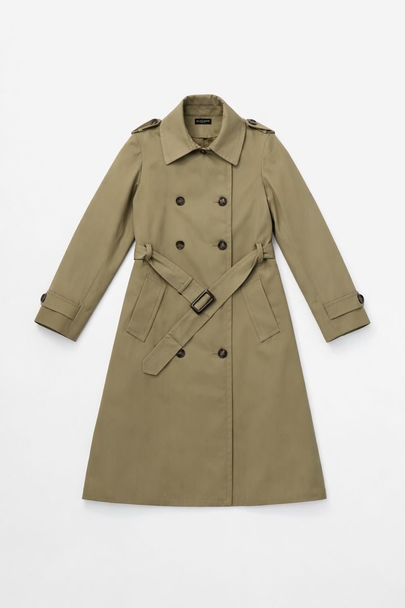 Knee-length double-breasted trench coat with storm flap, epaulettes, and waist belt