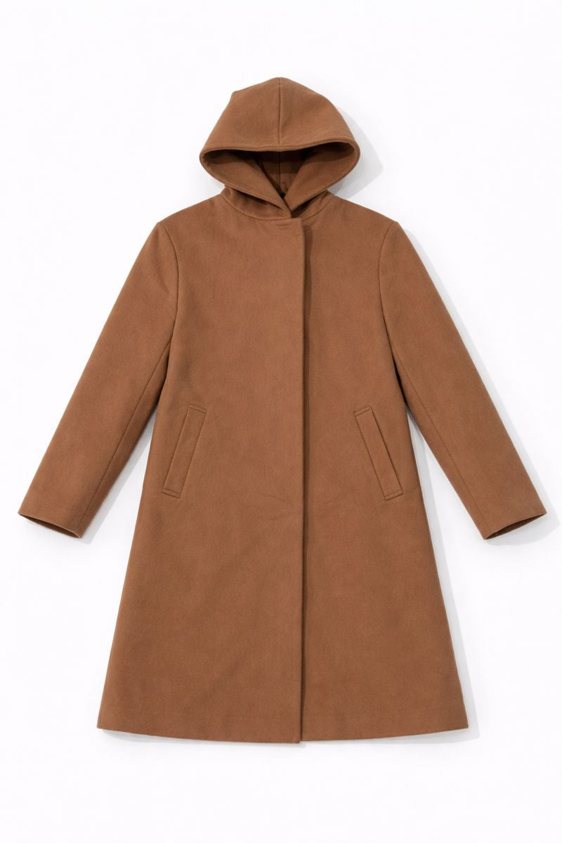 Hooded longline coat with hidden front closure and minimalist A-line silhouette