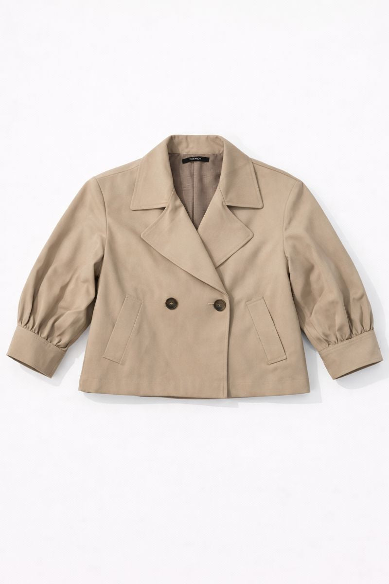 Double-breasted cropped trench coat with notched lapels and puffed sleeves