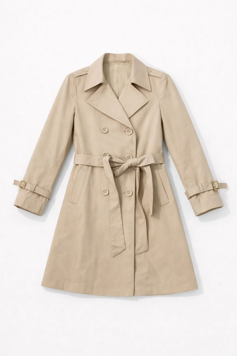Classic double-breasted trench coat with belted waist and notched lapels