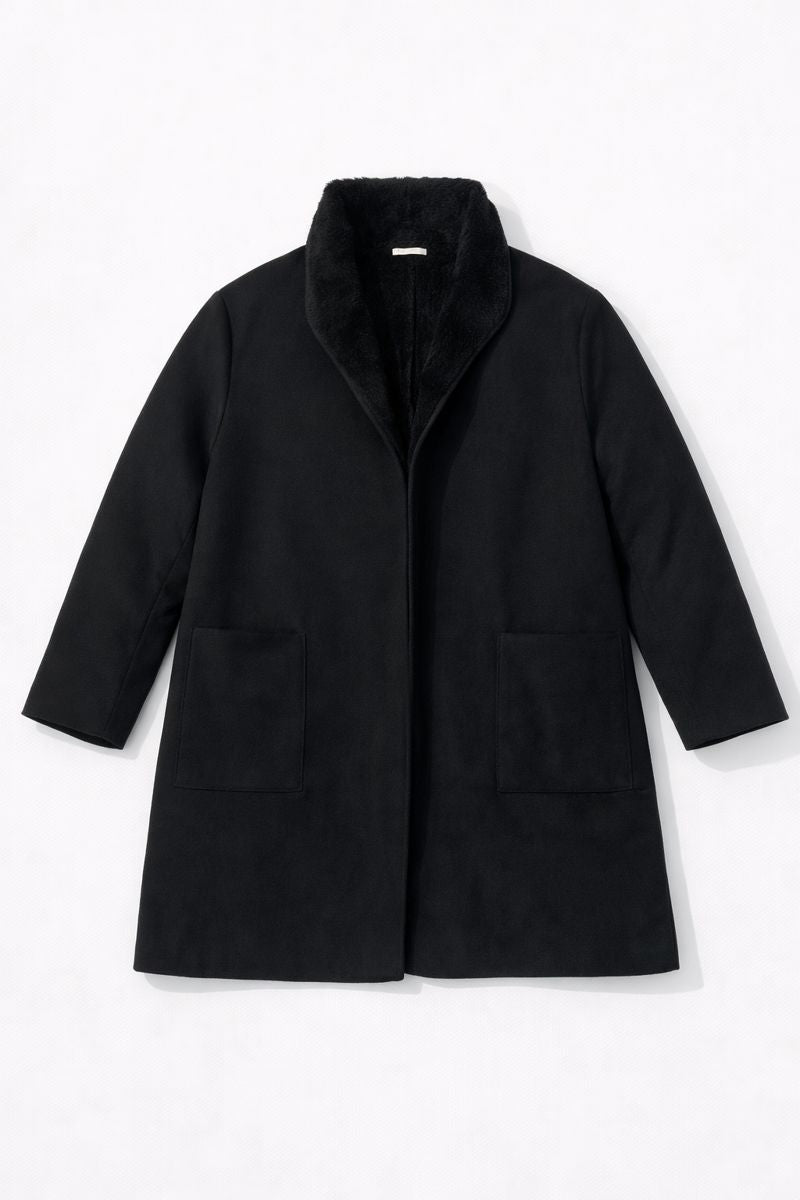 Minimalist stand collar mid-length coat with concealed closure