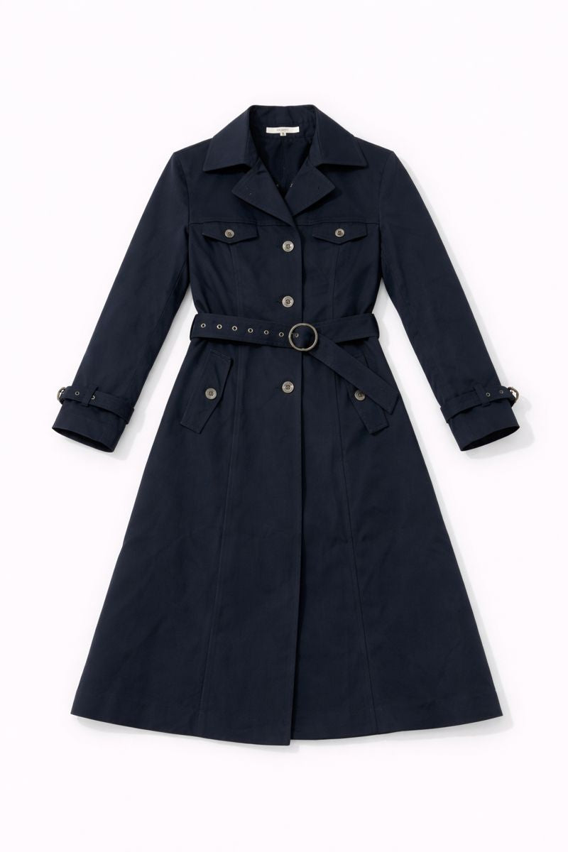 Double-breasted belted trench coat with classic tailoring