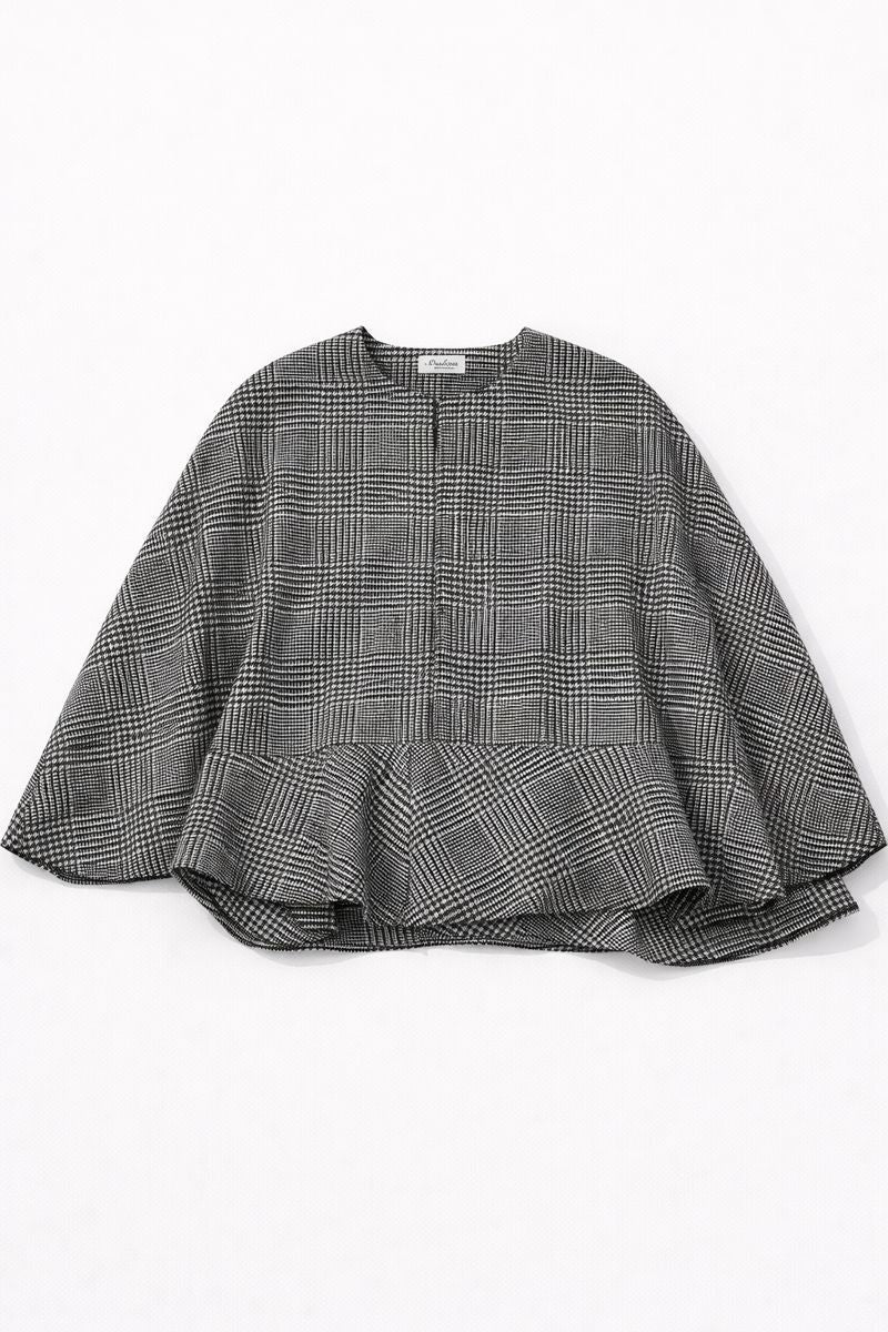 Women? cape-style peplum coat with check pattern and collarless neckline