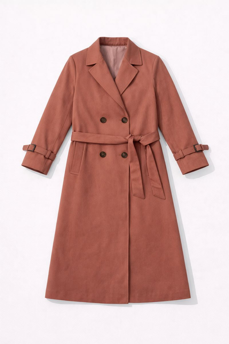 Women? long double breasted trench coat with belt and cuff straps