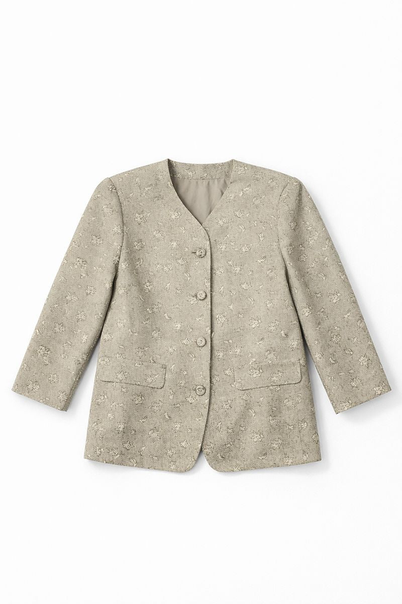 Women? collarless textured short blazer with button front and patch pockets
