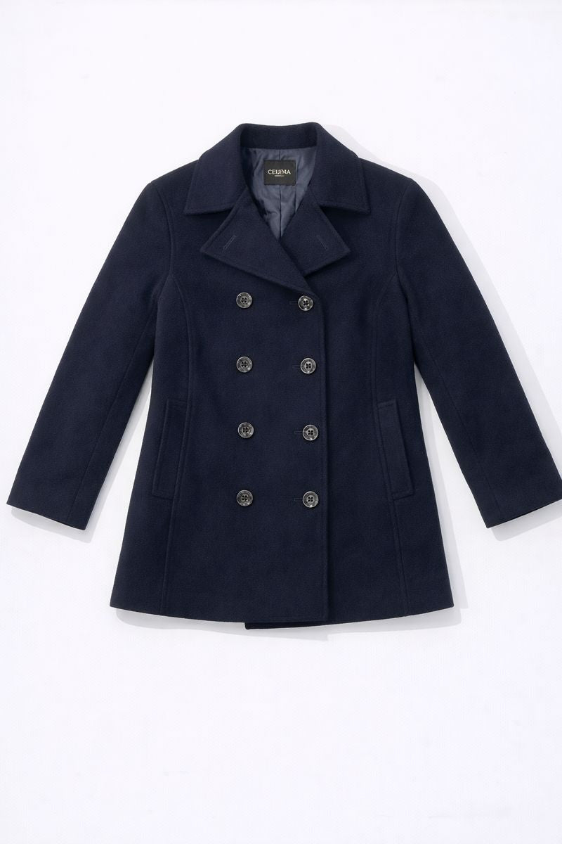 Double-breasted short pea coat with broad lapels and six-button front