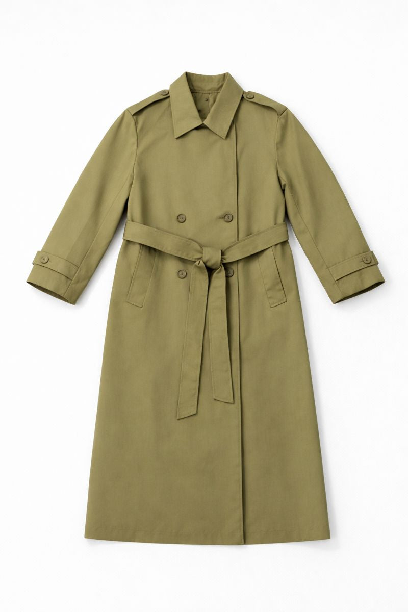 Double-breasted long trench coat with detachable belt, epaulets, cuff loops, and side pockets