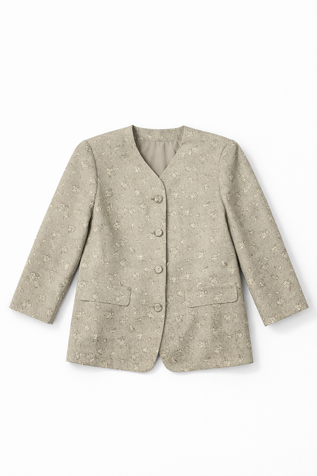 Collarless V-neck blazer with single-button closure, patch pockets, and textured woven fabric