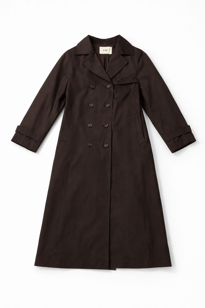 Long double-breasted coat with notch lapel, vertical ribbed texture, cuffed long sleeves, and knee-length design
