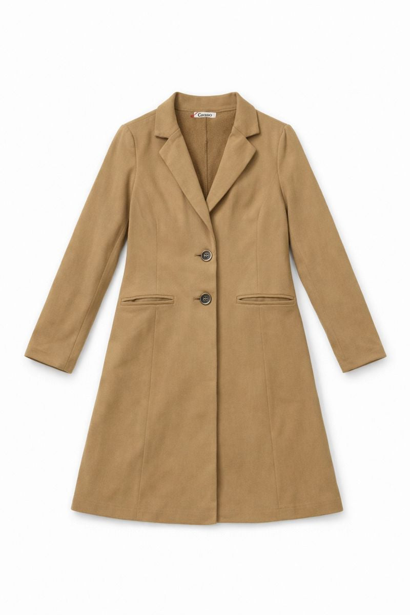 Light brown, above-the-knee single-breasted coat with lapels and front flap pockets