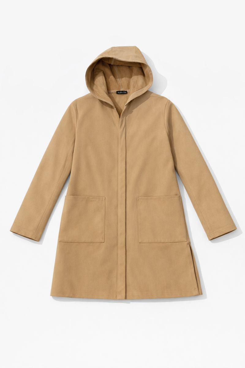 Beige mid-length hooded coat with large front patch pockets and open-front design