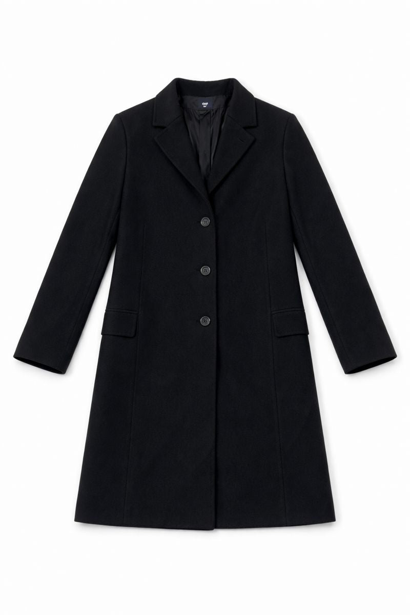 Black single-breasted women? coat with notch lapels, three-button closure, and front flap pockets