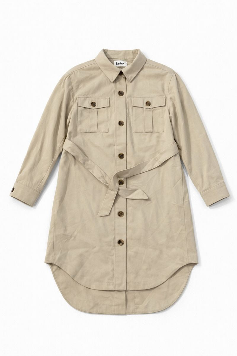 Beige long-sleeve belted shirt dress with chest patch pockets, button-through front, and adjustable waist tie