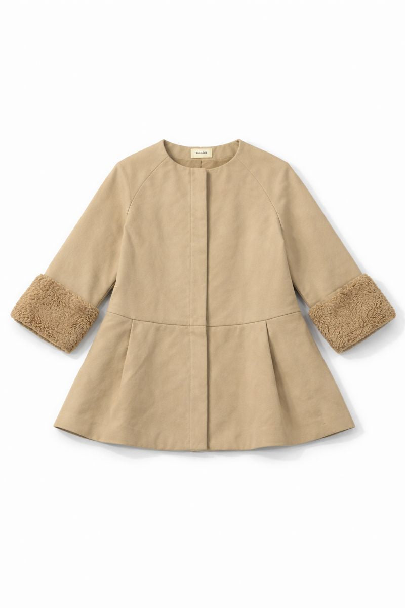 Beige belted shirt dress with long sleeves, button-down front, chest patch pockets, side pockets, and self-tie waist belt