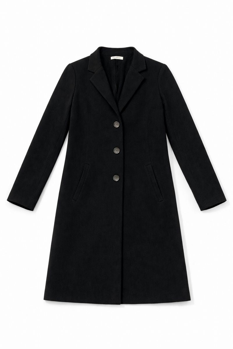 Black longline single-breasted coat with notched collar, three front buttons, and two hip pockets