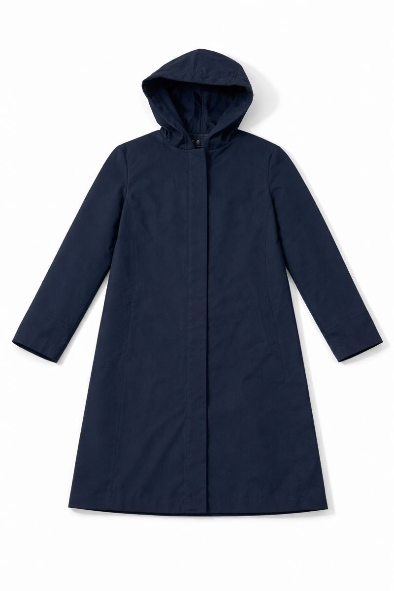 Navy hooded long coat with straight minimalist cut, hidden front closure, long sleeves, and side pockets 