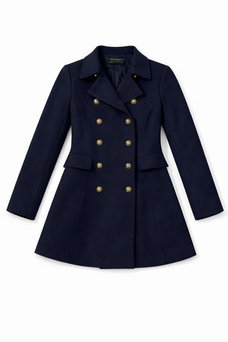 Preloved double-breasted women? coat with wide lapels, gold buttons, tailored fit, and front pockets