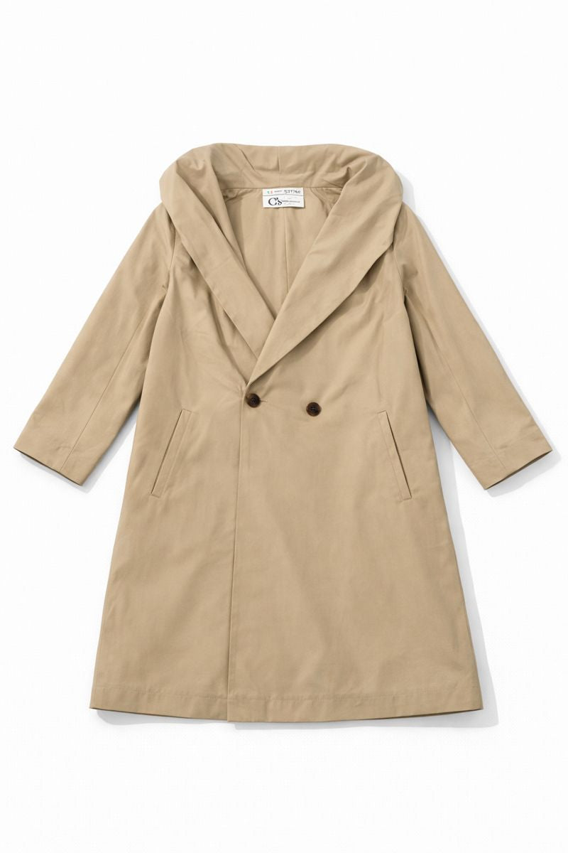 Preloved mid-length double-breasted coat with shawl collar, brown buttons, vertical ribbed texture, and front pockets