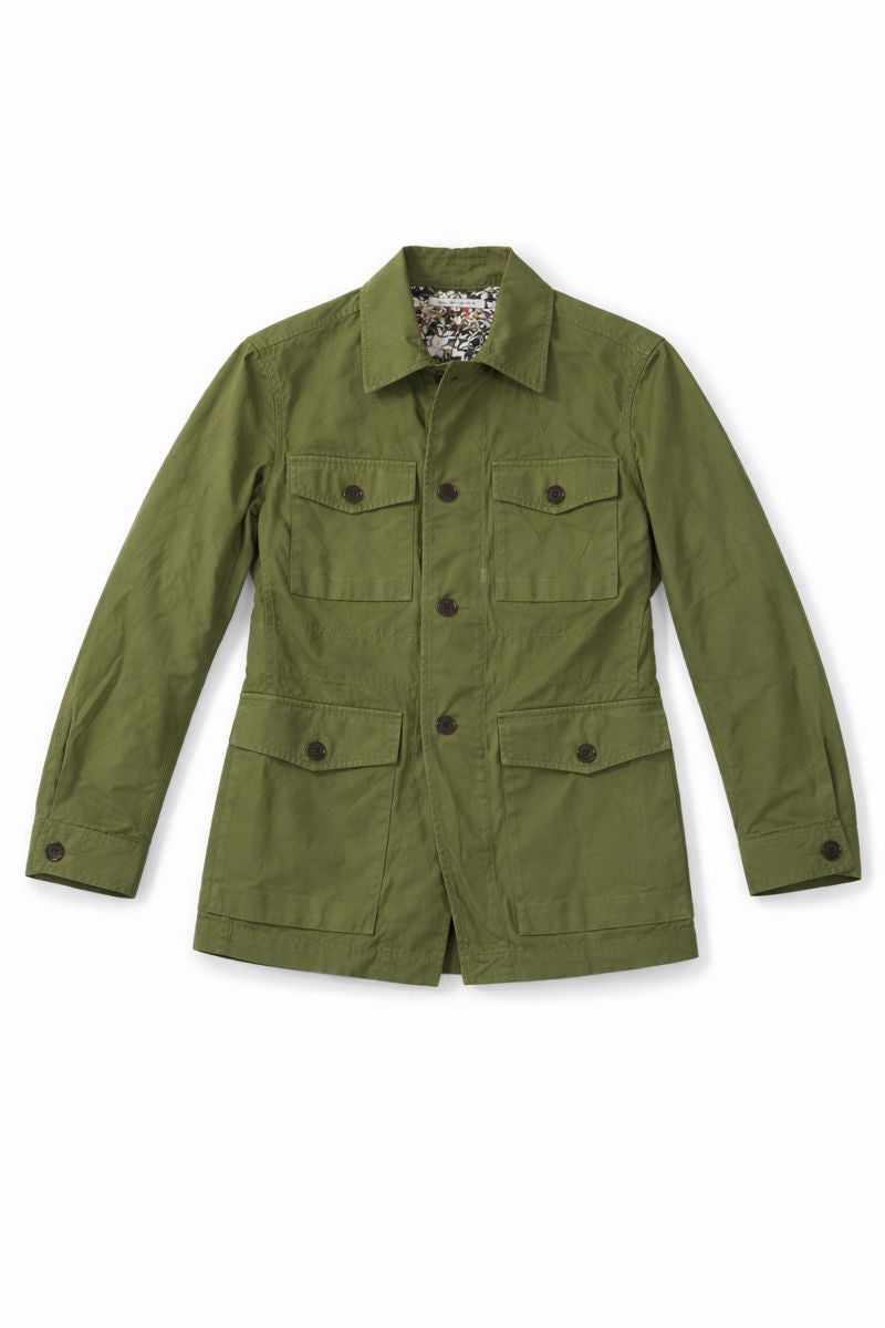 Preloved military-style jacket in cotton-linen twill with four buttoned patch pockets and structured collar