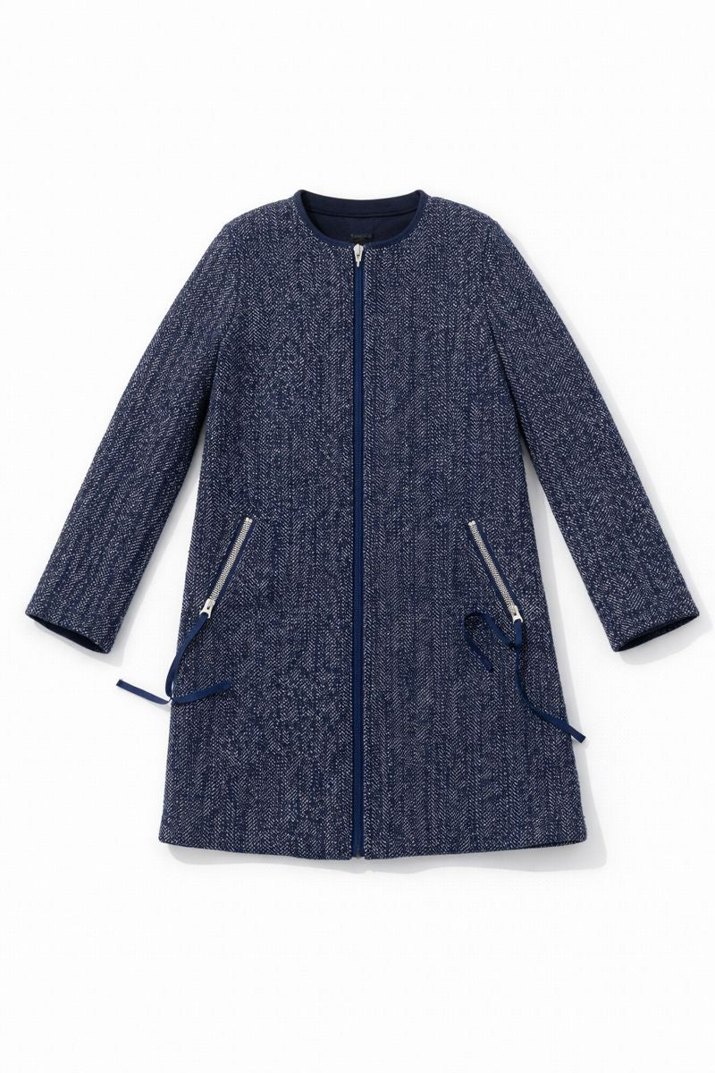 Preloved knee-length textured coat with full-length zipper, round collarless neckline, and zippered front pockets with tie details