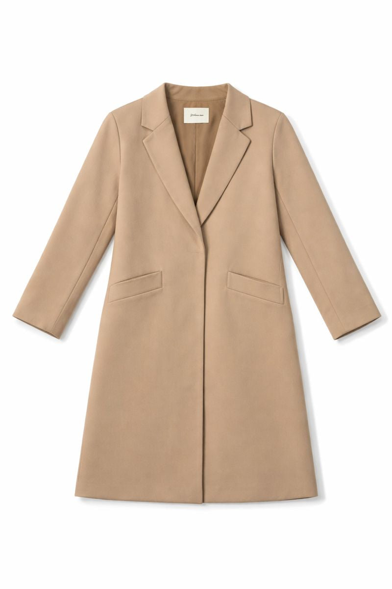 Preloved knee-length single-breasted coat with notched lapels, front patch pockets, and straight tailored fit