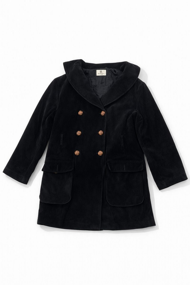  double-breasted velvet coat with rounded collar, six metallic buttons, two front patch pockets, and long sleeves